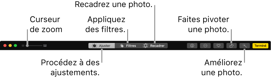 La barre d’outils d’édition affichant les boutons pour réaliser les ajustements, ajouter des filtres et recadrer les photos.