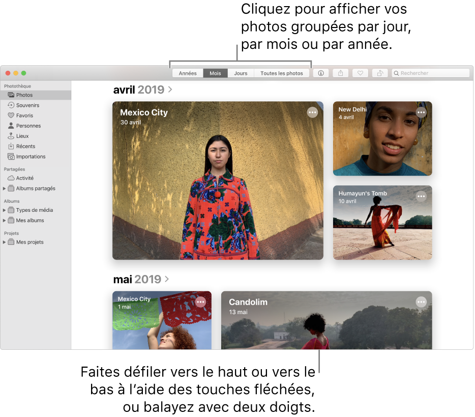 La fenêtre Photos présentant des photos organisées par mois.
