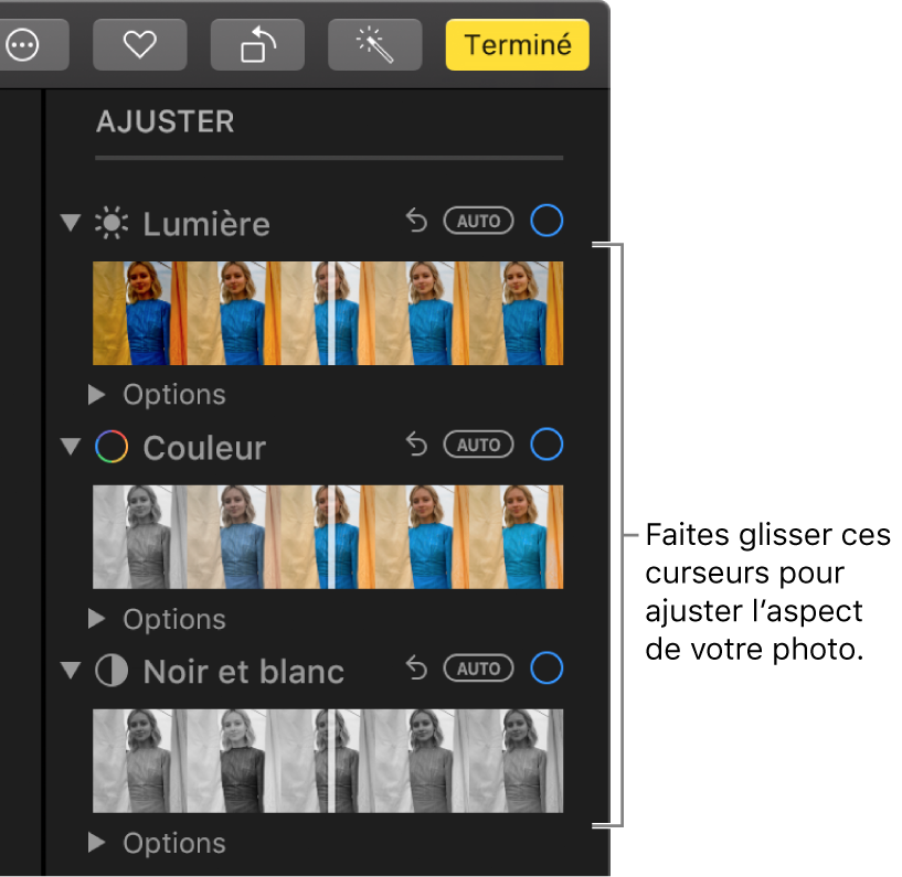 Les curseurs Clarté, Couleur et Noir et blanc dans la sous-fenêtre Ajuster. Un bouton Auto. s’affiche au-dessus de chaque curseur.