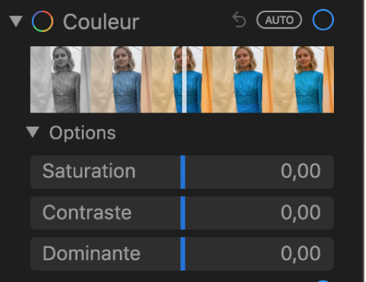 La zone Couleur de la sous-fenêtre Ajuster présentant les curseurs Saturation, Contraste et Dominante.