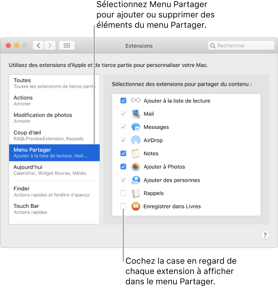 La sous-fenêtre Extensions des Préférences Système présentant l’option Menu partagé sélectionnée et une liste d’extensions tierces sur la droite.