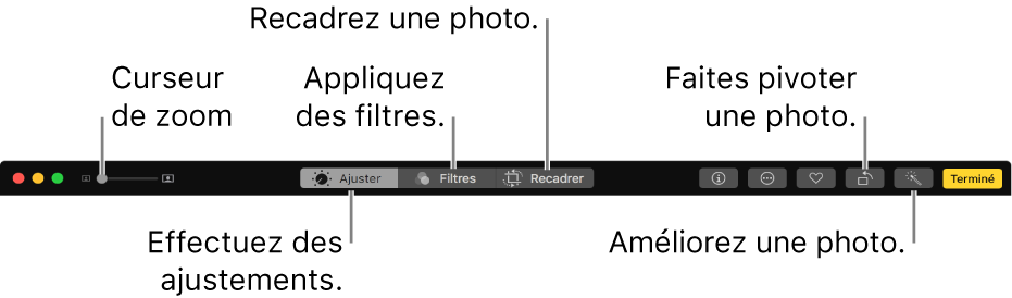 La barre d’outils de modification présentant les boutons pour apporter des ajustements, ajouter des filtres et recadrer des photos.