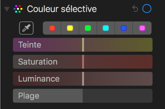 Les commandes Couleur sélective présentant les curseurs Teinte, Saturation, Luminance et Plage.