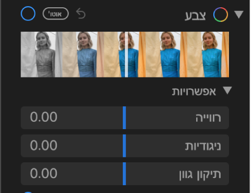 האזור ״צבע״ בחלונית ״התאם״, המציג מחוונים של ״רוויה״, ״ניגודיות״ ו״סטיית צבעים״.