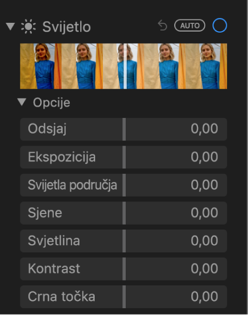 Područje Svjetlo prozora Prilagodi koji prikazuje kliznike za Odsjaj, Ekspoziciju, Svijetla područja, Sjene, Svjetlinu, Kontrast i Crnu točku.