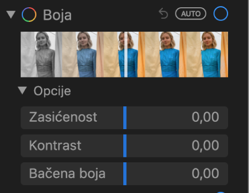Područje Boja prozora Prilagodi koja prikazuje kliznike za Zasićenost, Kontrast i Bačenu boju.