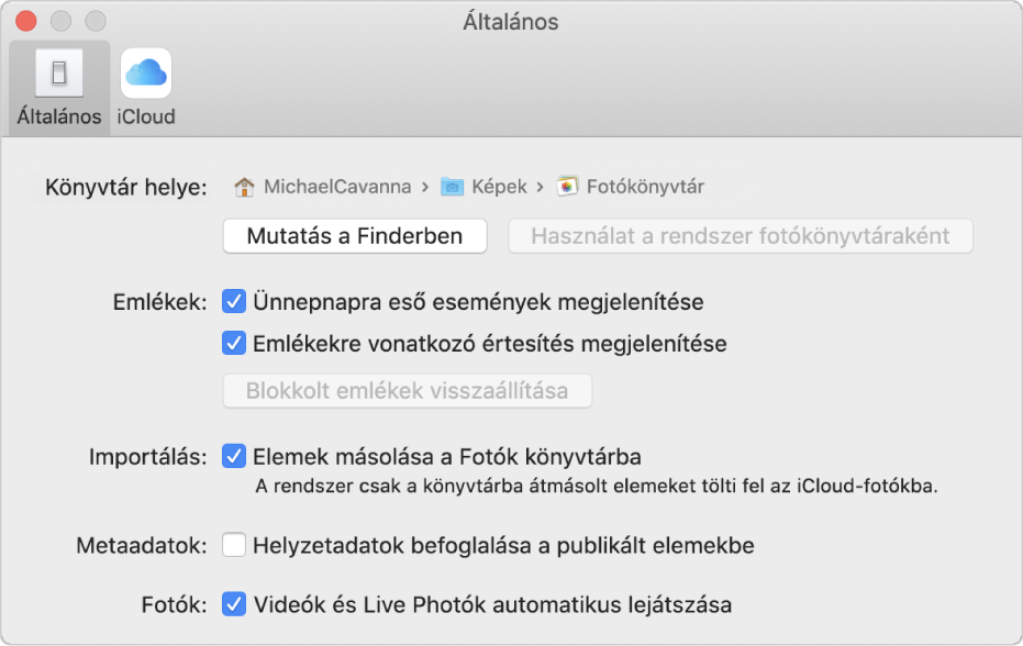 A Fotók beállításainak Általános panelje.
