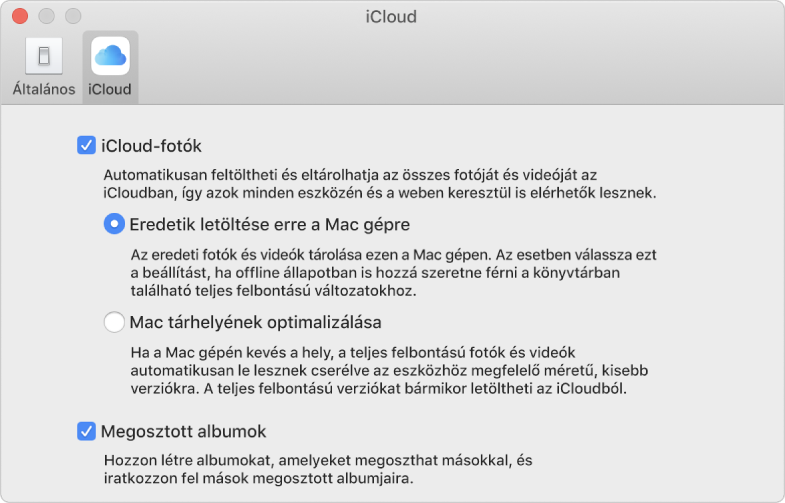 A Fotók beállításainak iCloud panelje.