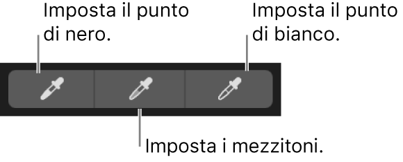 Tre contagocce utilizzati per selezionare il punto di nero, i mezzitoni e il punto di bianco della foto.