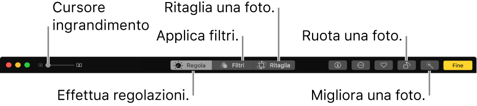 La barra degli strumenti di modifica con i pulsanti per eseguire regolazioni, aggiungere filtri e ritagliare foto.