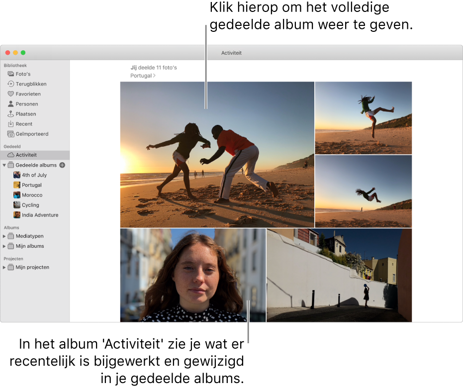 Het Foto's-venster waarin het album 'Activiteit' wordt weergegeven.