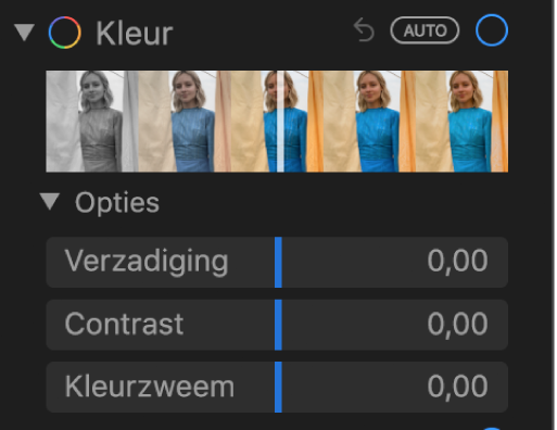 Het gedeelte 'Kleur' van het paneel 'Pas aan' met schuifknoppen voor 'Verzadiging', 'Contrast' en 'Kleurtemperatuur'.