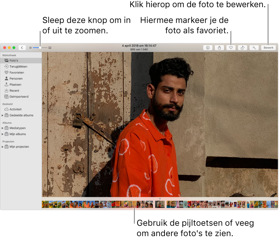 Het Foto's-venster met een vergrote foto aan de rechterkant met daaronder een rij met miniaturen. De knoppenbalk bovenin bevat de zoomschuifknop, de favorietenknop en de knop 'Bewerk'.