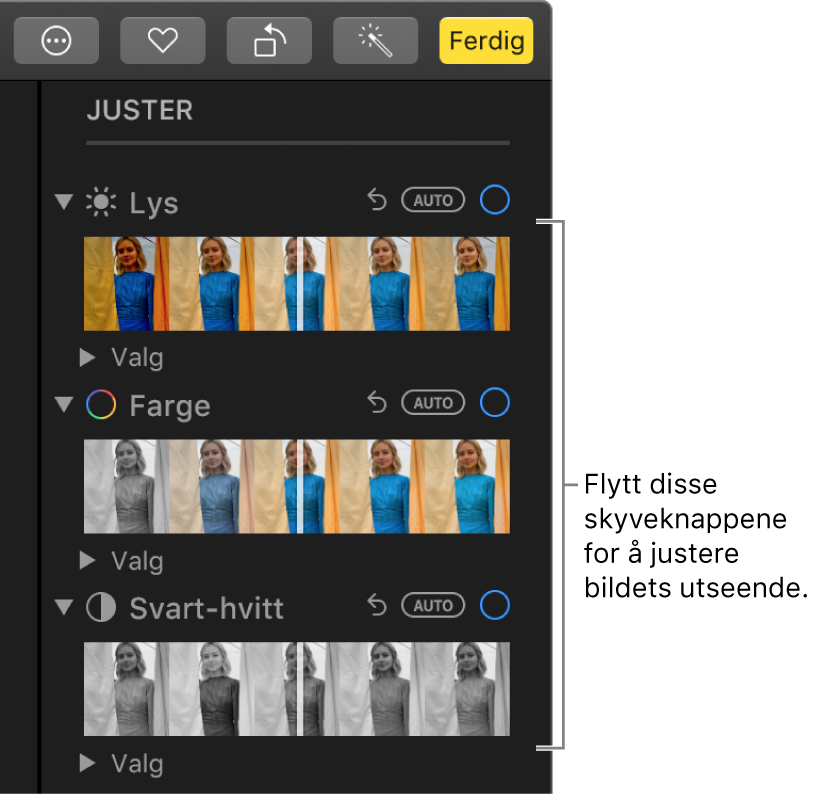 Lys-, Farge- og Svart-hvitt-skyveknappene i Juster-panelet. En Auto-knapp vises over hver skyveknapp.