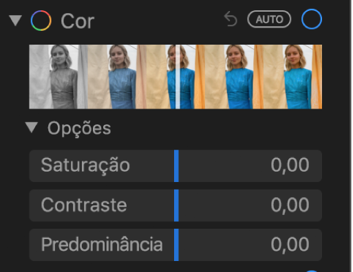 A área Cor do painel Ajustes mostrando controles para Saturação, Contraste e Predominância.