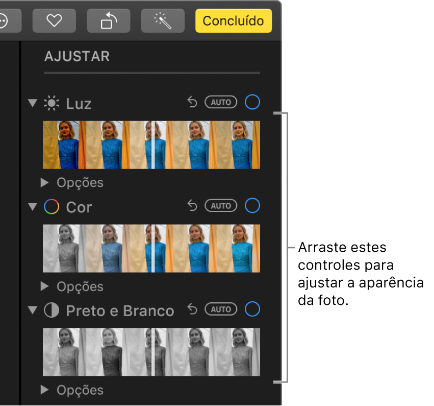 Controles de Luz, Cor e Preto e Branco no painel Ajustes. Um botão Automático aparece acima de cada controle.