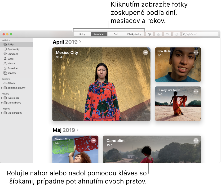 Okno apky Fotky, v ktorom sa zobrazujú fotky usporiadané podľa mesiaca.