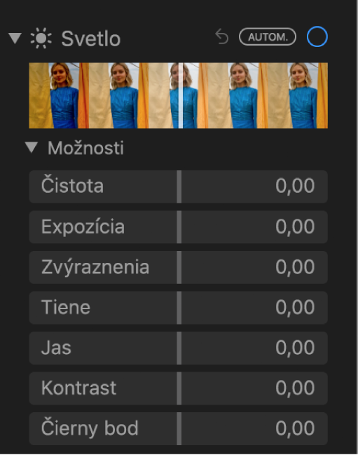 Oblasť Svetlo na paneli Úpravy zobrazujúca posuvníky pre nastavenia Odlesky, Expozícia, Zvýraznenia, Tiene, Jas, Kontrast a Čierny bod.