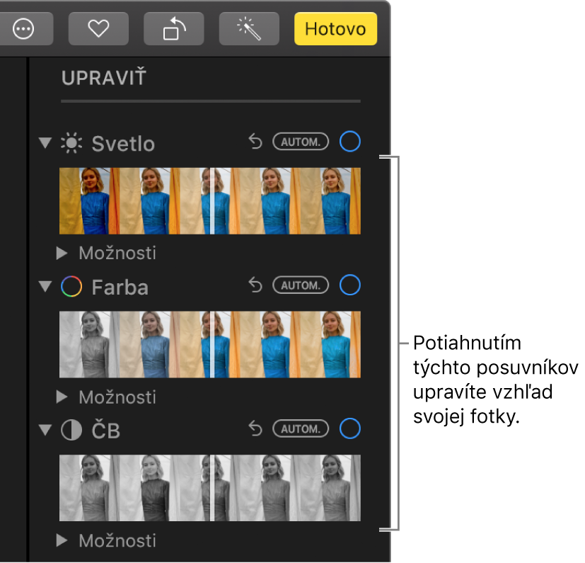 Posuvníky Svetlo, Farba a ČB v paneli Úpravy. Tlačidlo Autom. sa zobrazí nad každý posuvníkom.