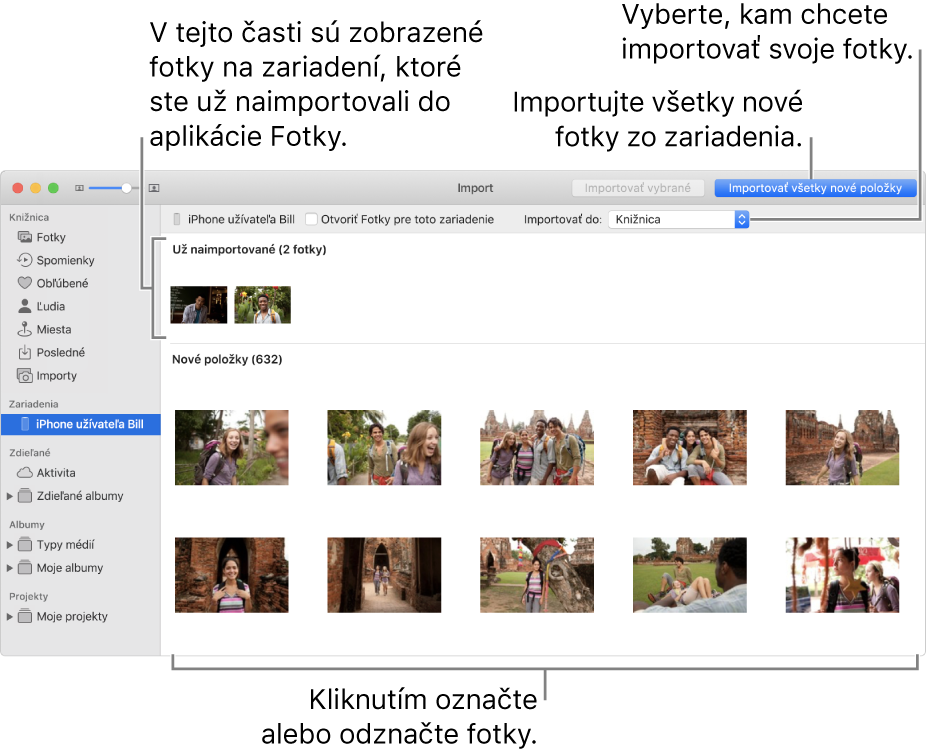 Fotky v zariadení, ktoré ste už naimportovali, sa zobrazia v hornej časti panela a nové fotky sú v spodnej časti. V hornej časti v strede je vyskakovacie menu Importovať do. Tlačidlo Importovať všetky nové fotky je v pravom hornom rohu.