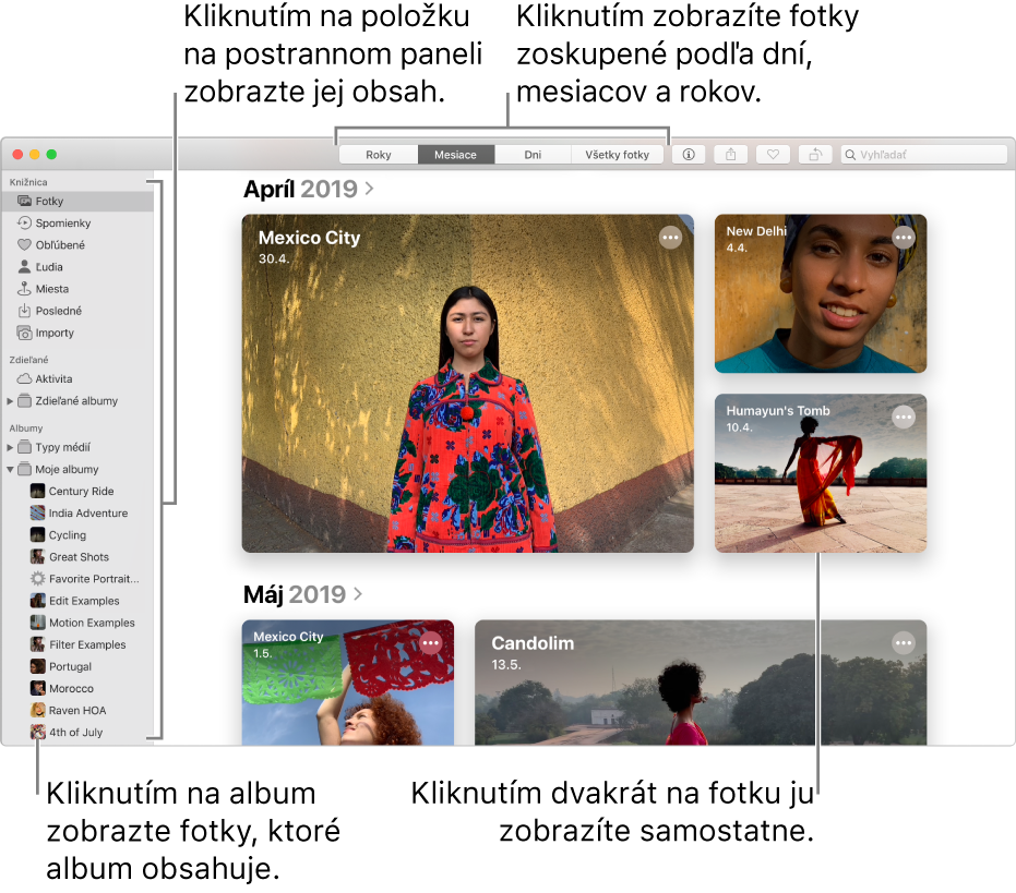 Okno apky Fotky, v ktorom sa zobrazujú fotky usporiadané podľa mesiaca.
