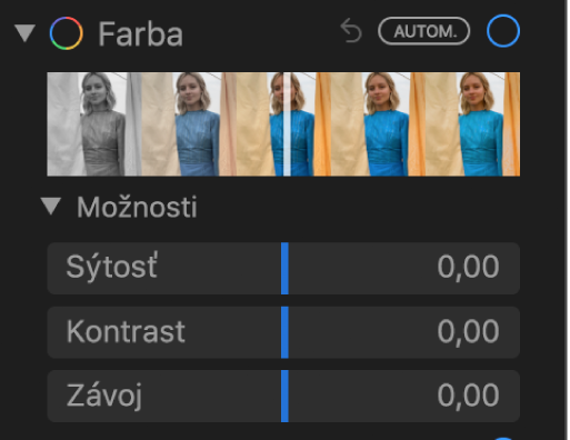 Oblasť Farby na paneli Úpravy zobrazujúca posuvníky pre nastavnia Sýtosť, Kontrast a Šmuhy.