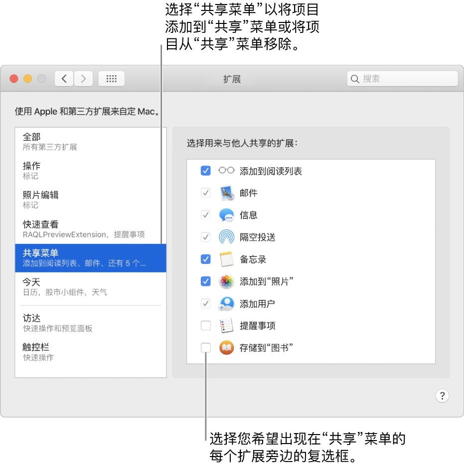 “系统偏好设置”的“扩展”面板，右侧显示已选定的“共享菜单”以及第三方扩展列表。