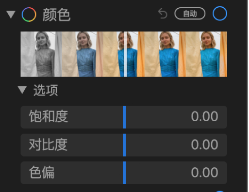 “调整”面板的“颜色”区域显示“饱和度”、“对比度”和“色偏”滑块。