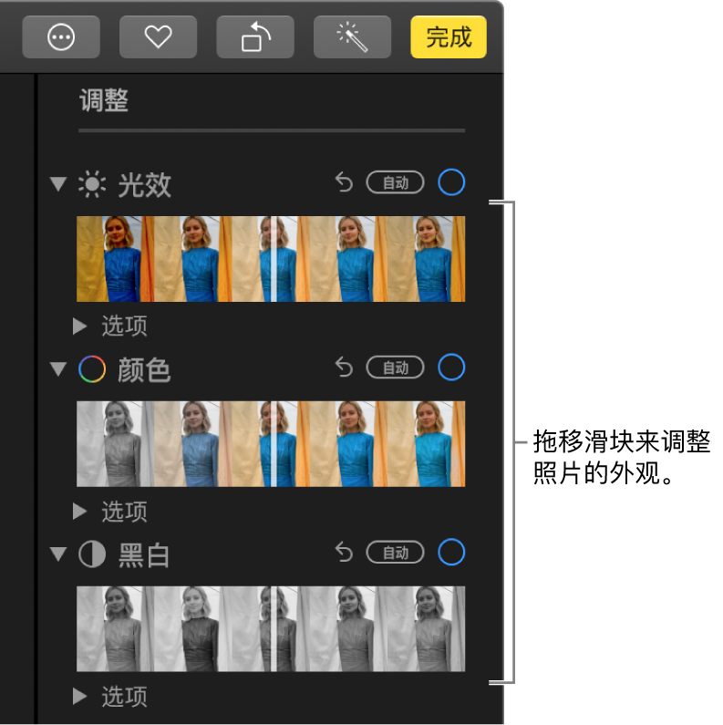 “调整”面板中的“光效”、“颜色”和“黑白”滑块。“自动”按钮出现在每个滑块上方。