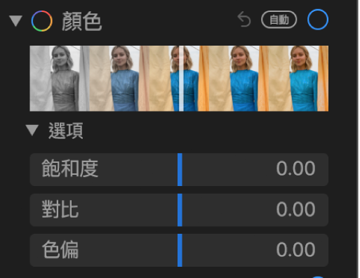 「調整」面板的「顏色」區域顯示「飽和度」、「對比」和「色偏」的滑桿。