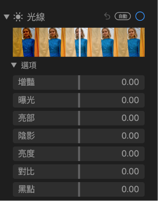 「調整」面板的「光線」區域顯示「增豔」、「曝光」、「亮部」、「陰影」、「亮度」、「對比」和「黑點」的滑桿。