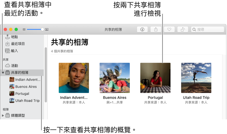 「照片」視窗的「共享的相簿」面板，顯示共享的相簿。