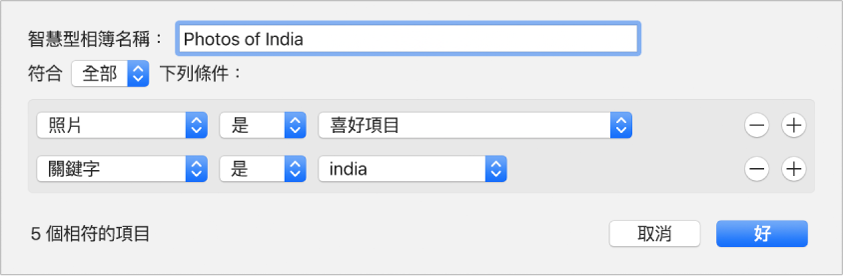 顯示「智慧型相簿」條件的對話框。