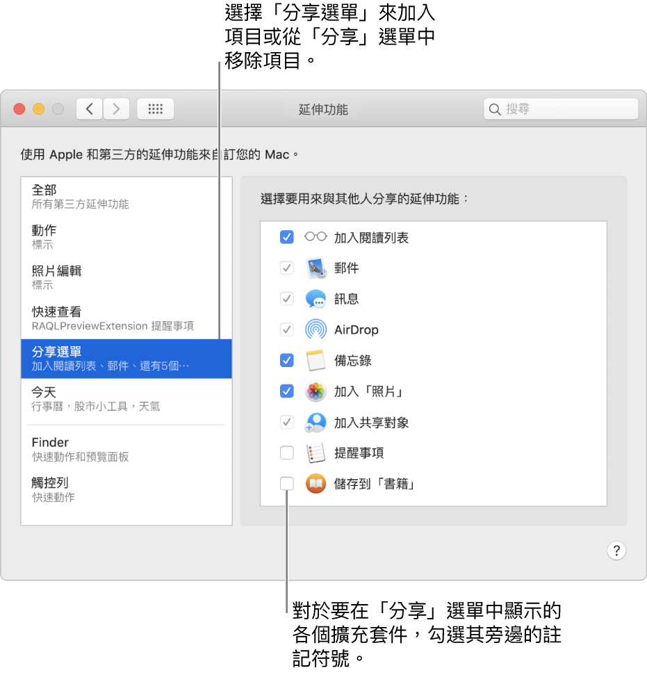 「系統偏好設定」的「延伸功能」面板，右側顯示選擇的「分享選單」和第三方的延伸功能列表。