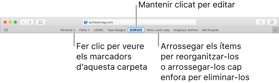 La barra de favorits, amb una carpeta de marcadors. Per editar un marcador o una carpeta de la barra, fes-hi clic i mantén-ho premut. Per reordenar els ítems de la barra, arrossega’ls. Per eliminar un ítem, arrossega’l fora de la barra.