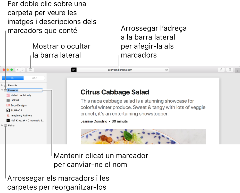 Una finestra del Safari que mostra marcadors a la barra lateral i un marcador seleccionat per editar-lo.