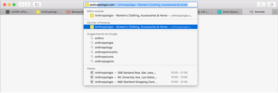 Una finestra del Safari amb la primera part de l’adreça d’un lloc web introduïda al camp de cerca intel·ligent. El mateix lloc web apareix a la llista de resultats, sota “Canviar a Pestanya”, perquè ja està obert en una altra pestanya.