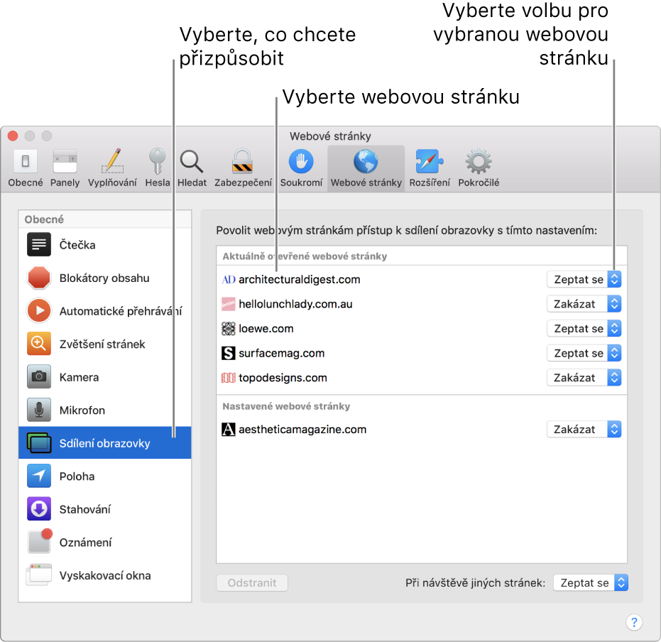 Panel Webové stránky v předvolbách Safari, kde můžete přizpůsobit způsob procházení konkrétních webových serverů