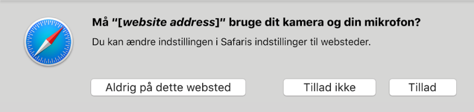 En dialog med muligheder for deling af kameraet og mikrofonen på din Mac med at websted.