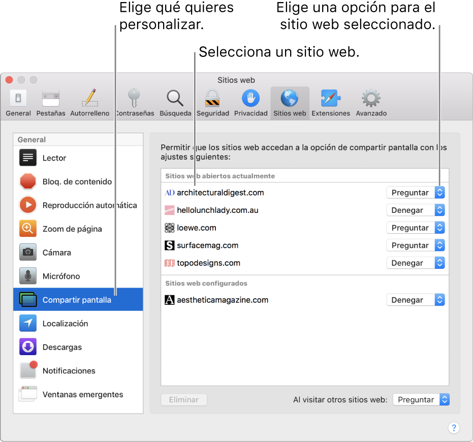 El panel “Sitios web” del panel Preferencias de Safari, donde puedes personalizar la navegación por sitios web concretos.