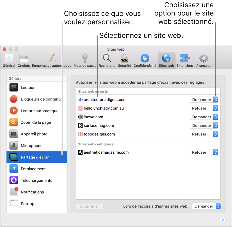 Sous-fenêtre Sites web des préférences Safari, dans laquelle vous pouvez personnaliser la façon dont vous parcourez les différents sites web.