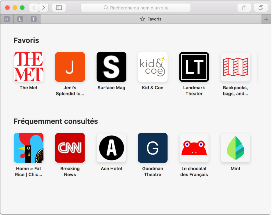 La page d’accueil de Safari, avec les sites web favoris et fréquemment visités.