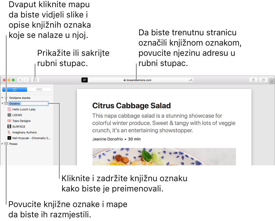 Prozor Safari prikazuje knjižne oznake u rubnom stupcu u kojem je jedna knjižna označena za uređivanje.