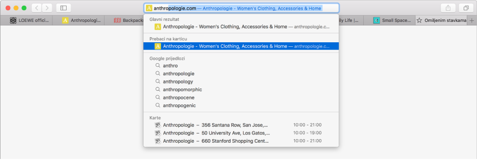Prozor preglednika Safari s prvim dijelom stranice web adrese unesenim u pametno polje za pretraživanje. Ista web stranica pojavljuje se u popisu rezultata pod opcijom Prebaci na karticu jer je već otvorena u drugoj kartici.