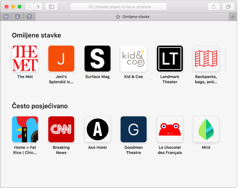 Početna stranica preglednika Safari s prikazom omiljenih i često posjećenih web stranica.