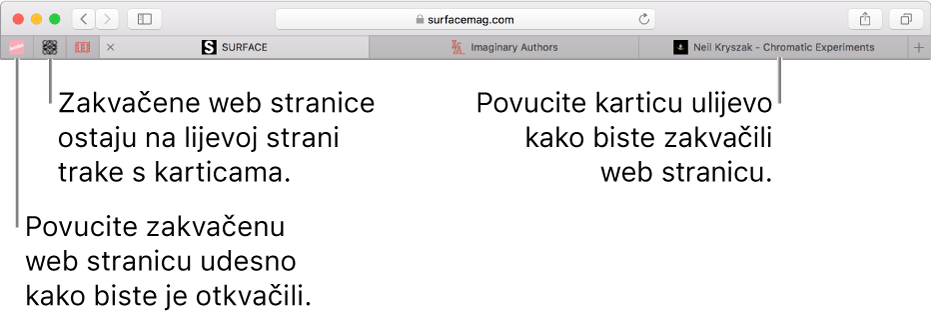 Zakvačene stranice u traci s karticama preglednika Safari.