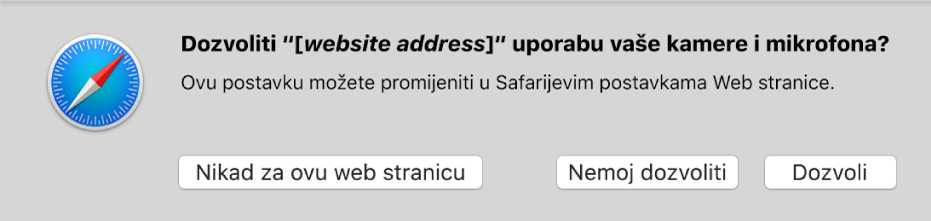 Dijaloški okvir s prikazom opcija za dijeljenje kamere i mikrofona na vašem Macu s web stranicom.