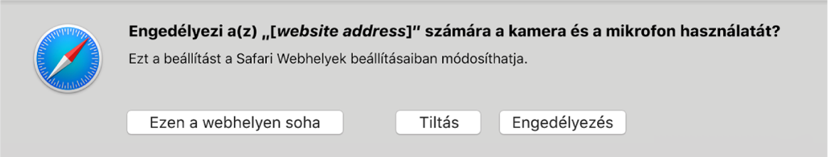 Párbeszédpanel, amelyen a Mac gép kamerájának és mikrofonjának webhelyeken való megosztására vonatkozó beállítások láthatók.