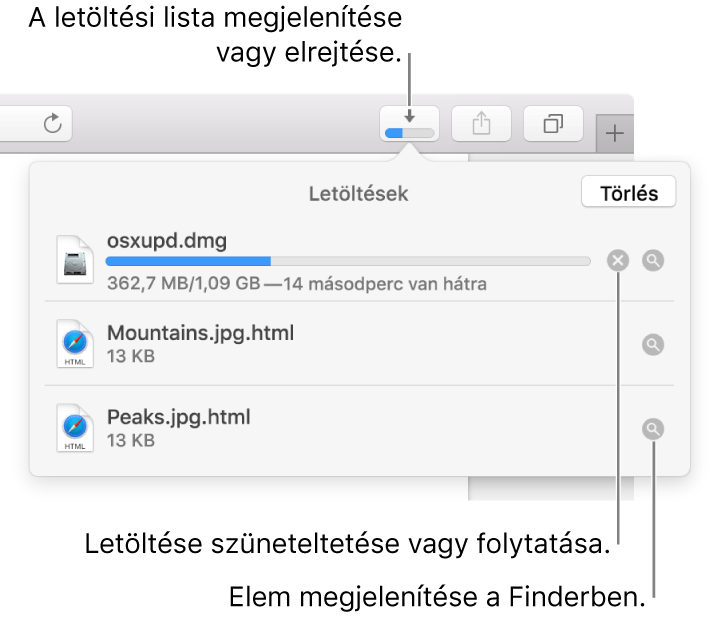 A Letöltések gomb az eszközsoron, alatta a letöltések listája.