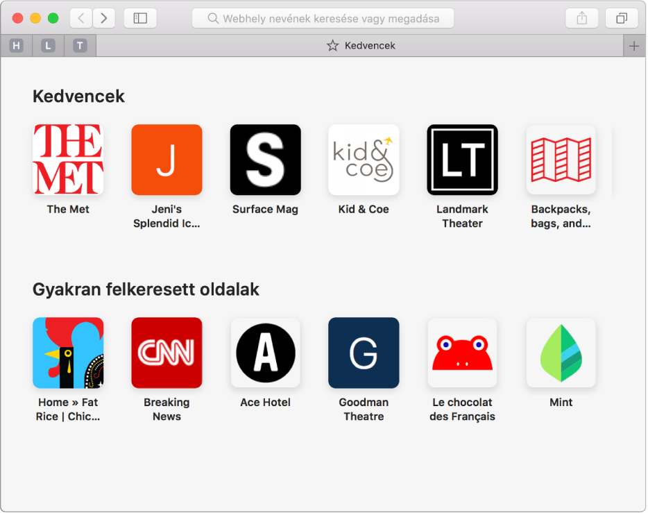 A Safari kezdőlapja, kedvenc és gyakran felkeresett webhelyekkel.